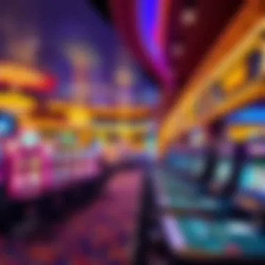 Interior of a bustling casino floor with gaming tables and vibrant decor