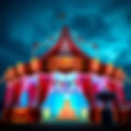 A vibrant circus tent illuminated at night, showcasing the excitement of the carnival.