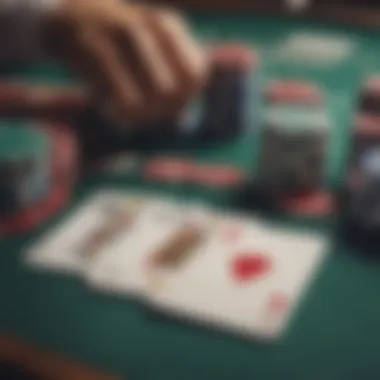 Close-up of blackjack table with chips and cards