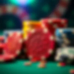 Close-up view of vibrant clay casino chips showcasing intricate designs.