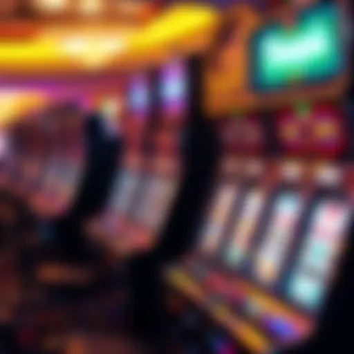 A vibrant display of classic slot machines in a Las Vegas casino.