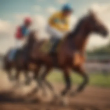 Close-up of a jockey guiding a thoroughbred horse on the track.