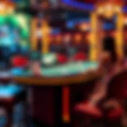 A digital blackjack table featuring vibrant graphics and a live dealer.