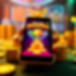 A smartphone displaying a vibrant mobile game interface with coins and rewards