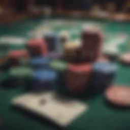 A variety of gambling chips and cards arranged on a table