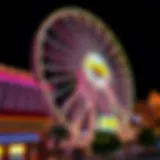 A panoramic view of the LINQ Big Wheel illuminated at night