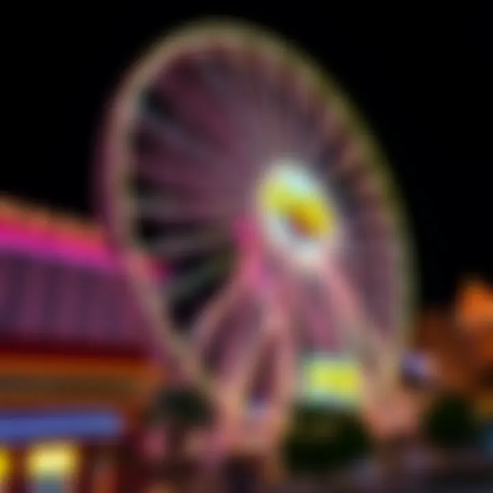 A panoramic view of the LINQ Big Wheel illuminated at night