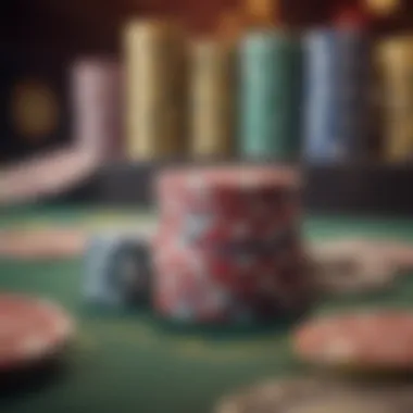 A close-up of high-value casino chips stacked on a table