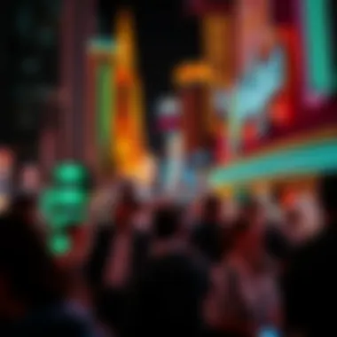 Vibrant nightlife scene with neon lights and lively crowds
