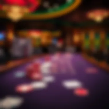 Overview of a poker table with chips and cards at Foxwoods