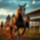 A powerful thoroughbred charging down the racetrack