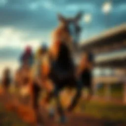 A powerful thoroughbred charging down the racetrack