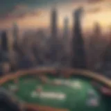 Aerial view of New York City skyline with digital betting icons