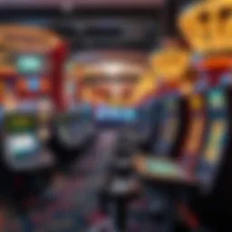 A bustling casino floor showcasing various gaming tables and slot machines