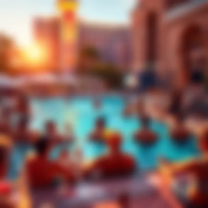 Vibrant Social Scene by the Pool An exciting pool party atmosphere with guests enjoying music and entertainment.