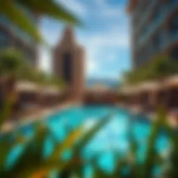 A serene view of the Park MGM pool surrounded by lush greenery and modern architecture.