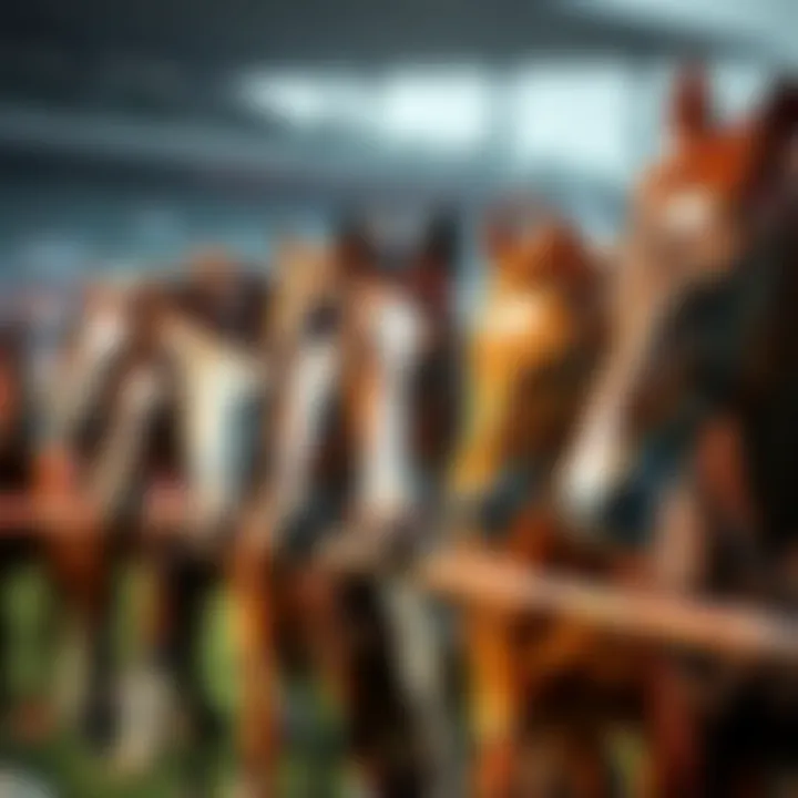 A variety of horse breeds lined up for a race