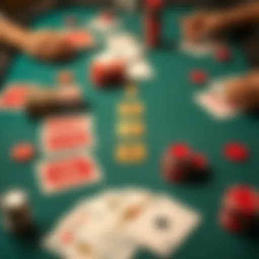 An overhead view of a rummy game setup with colorful cards and tokens