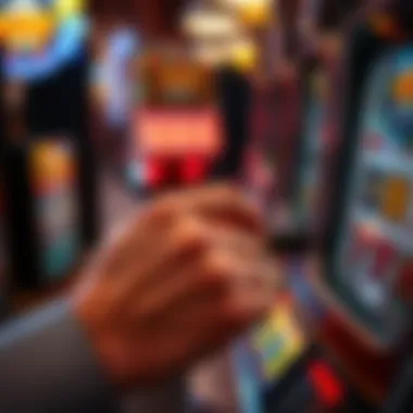 A close-up of a player's hand engaging with a slot machine lever
