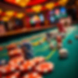 A vibrant casino dice table with colorful chips and dice