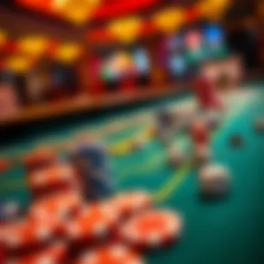 A vibrant casino dice table with colorful chips and dice