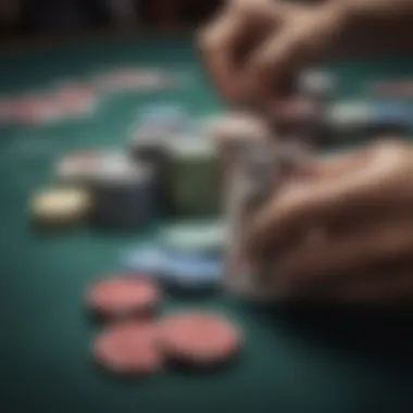 Close-up of poker chips and cards during a high-stakes match.