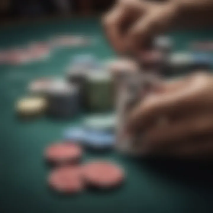 Close-up of poker chips and cards during a high-stakes match.